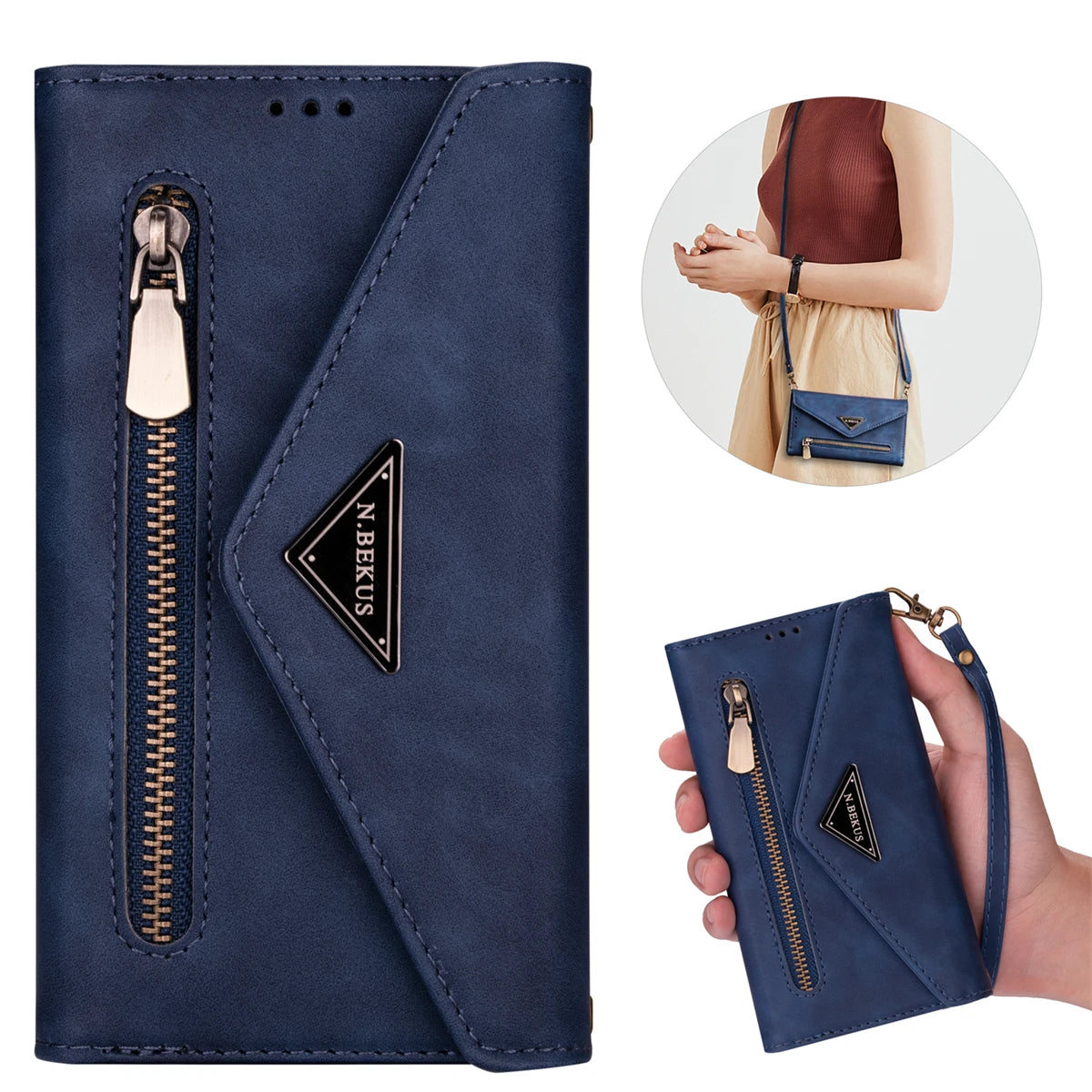 Multi-Card Slot Zipper Lanyard Wallet Case For iPhone