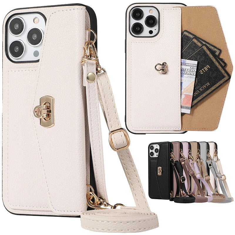 Shoulder Strap Card Pocket Wallet Leather Case for iPhone