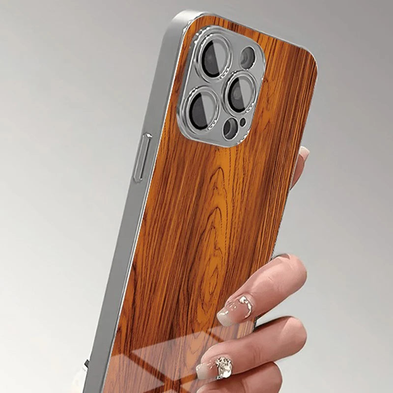 Solid Wood Texture Pattern Glass Electroplate Case For iPhone
