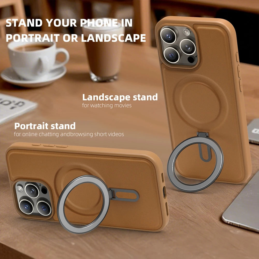 Fold Kickstand Wireless Charging Leather Case For iPhone