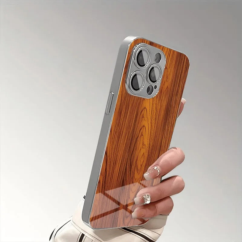 Solid Wood Texture Pattern Glass Electroplate Case For iPhone