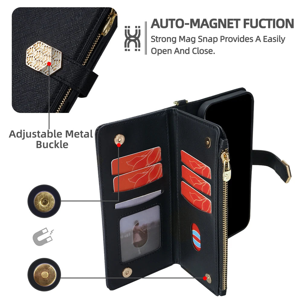 Fashion Flip Card Slots Leather Wallet Case for Samsung With Metal Strap