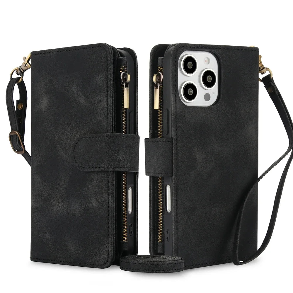 Leather wallet-style phone case with crossbody wrist strap for iPhone
