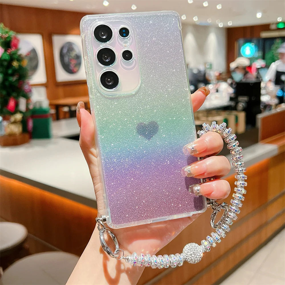 Gradient Glitter Love Heart Wrist Chain Case for Samsung
