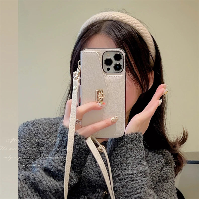 Shoulder Strap Card Pocket Wallet Leather Case for iPhone