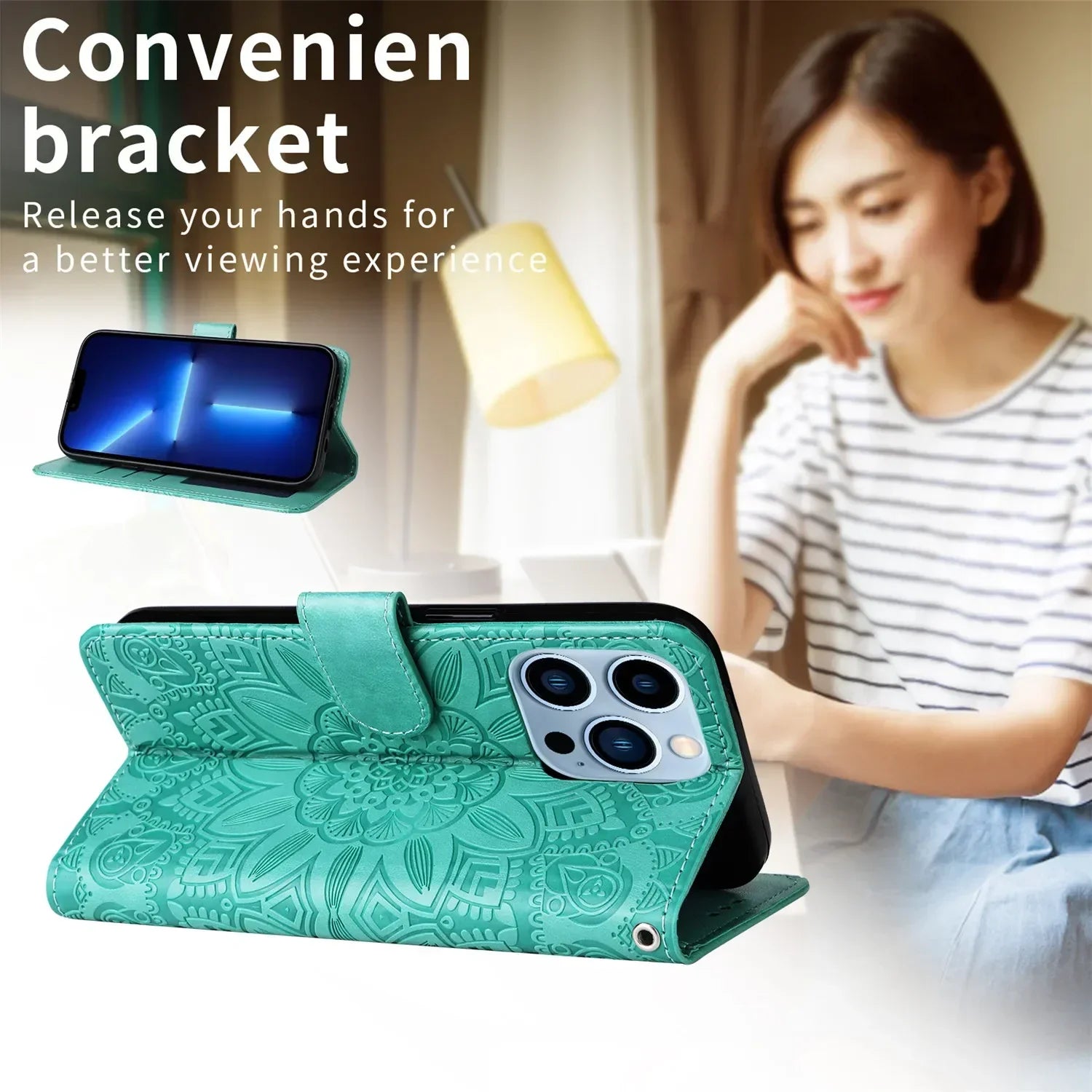 Embossing Leather Flip Wallet Phone Case For iPhone