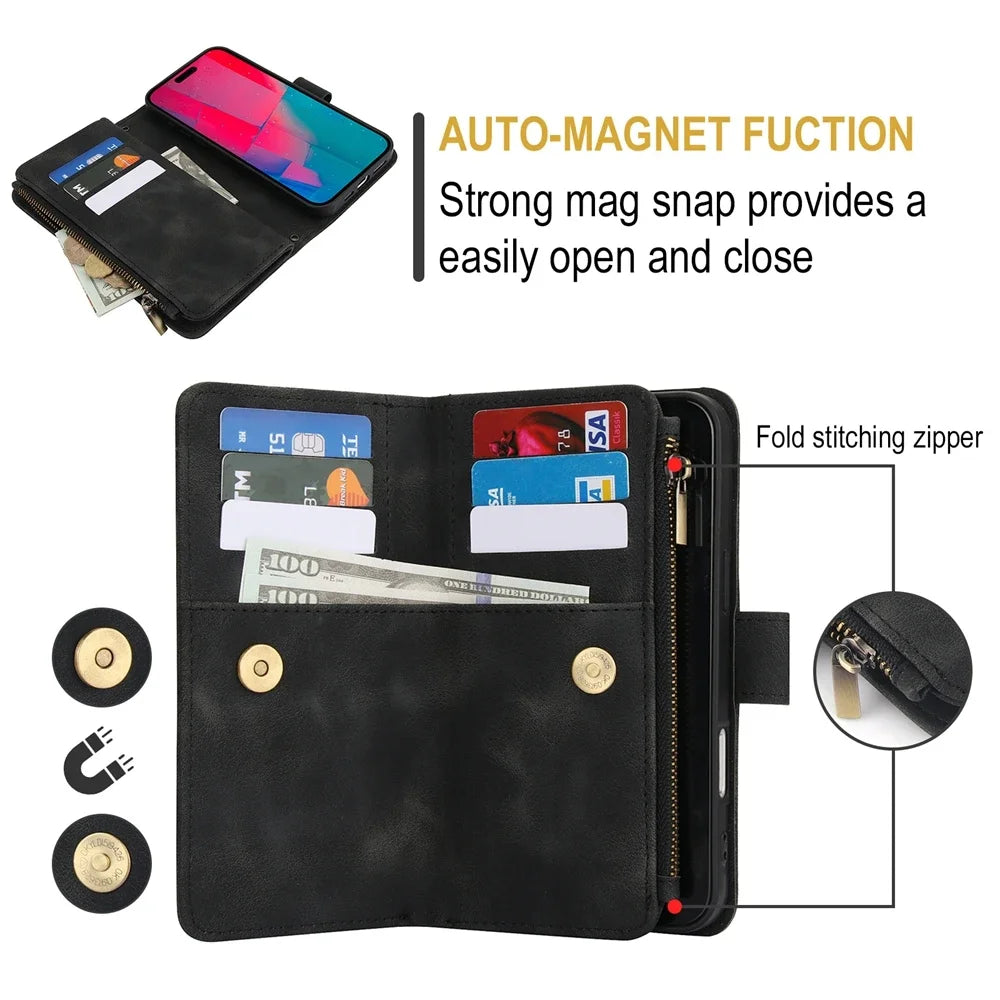 Leather wallet-style phone case with crossbody wrist strap for iPhone