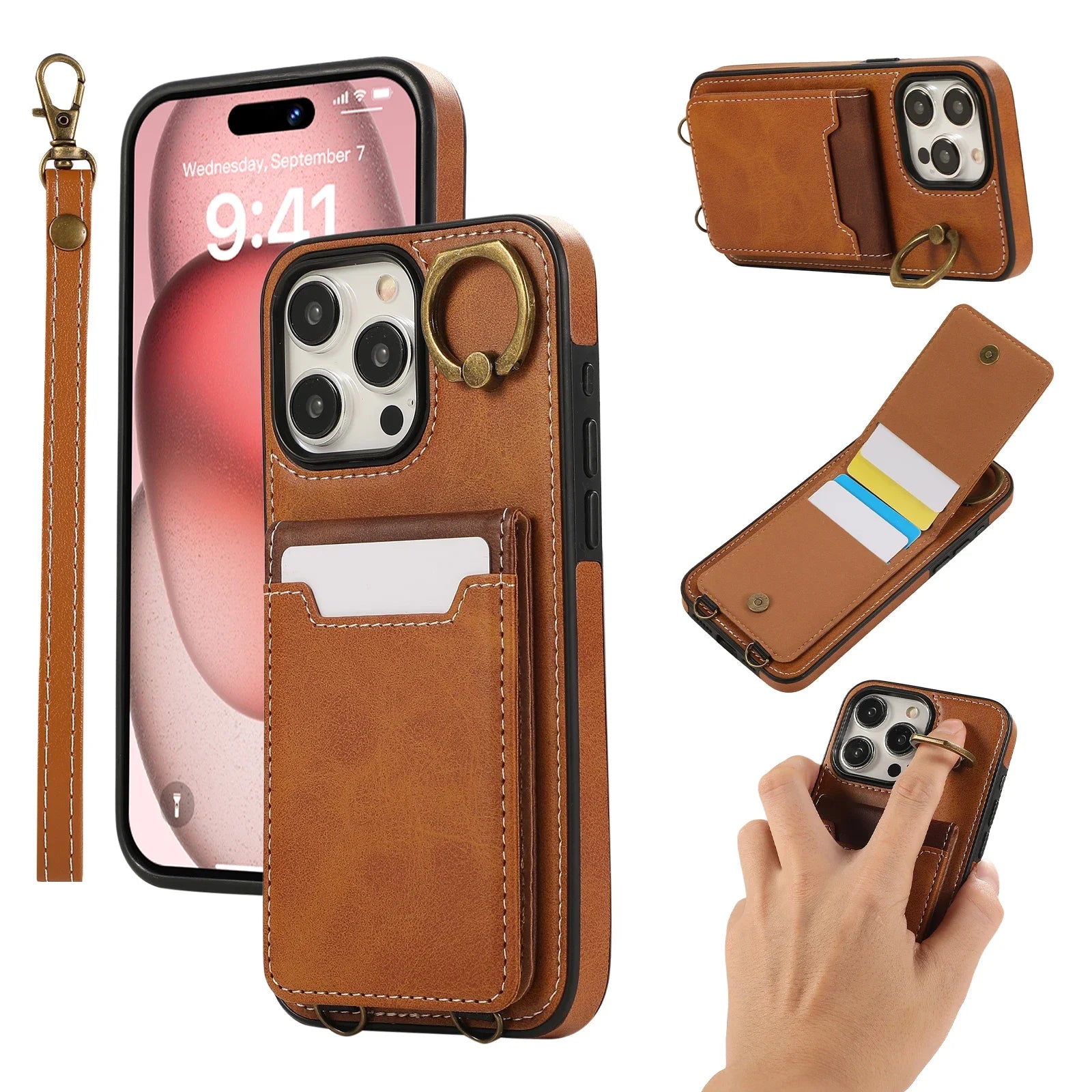 Contrast Card Holder Leather Wallet Case For iPhone