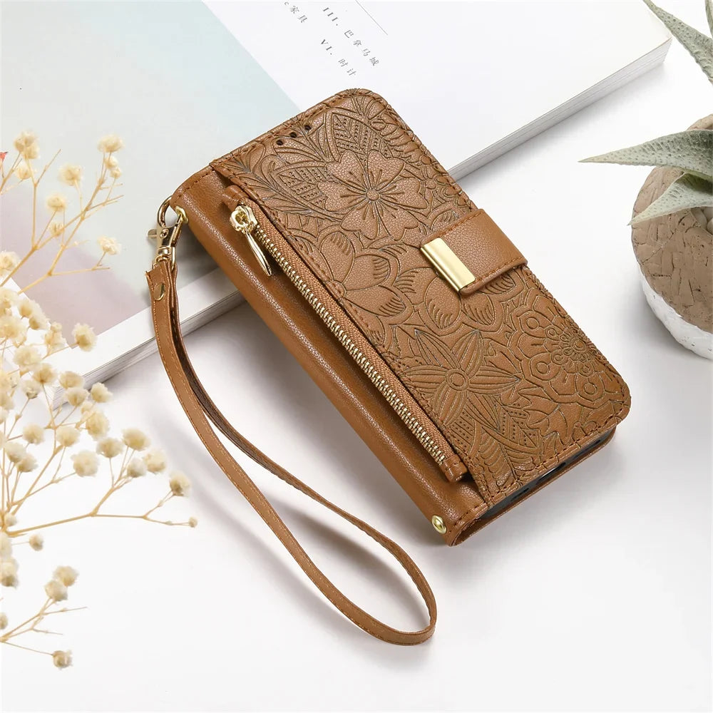 Card Slot Wristband Flip Leather Wallet Case for Samsung