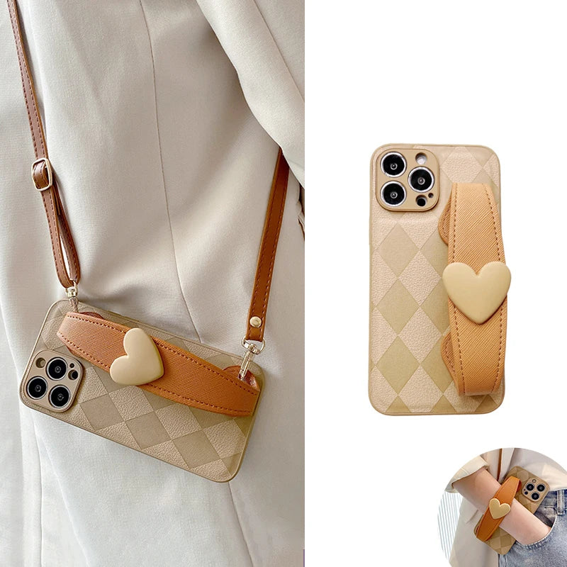 Rhombus Heart Wristband Crossbody Case for IPhone