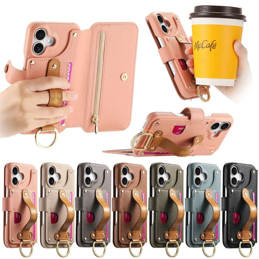 Litchi Patterned Flip Leather Wrist Strap Holder Case for iPhone