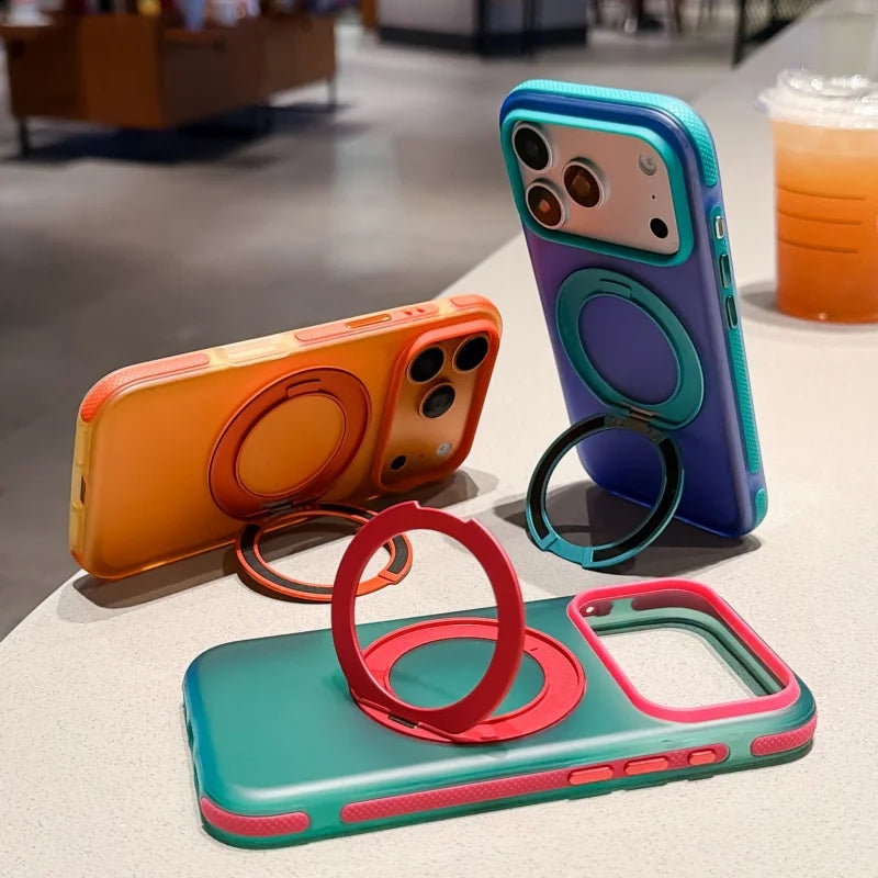 Metal Ring Stand Matte Translucent Magnetic Case for iPhone