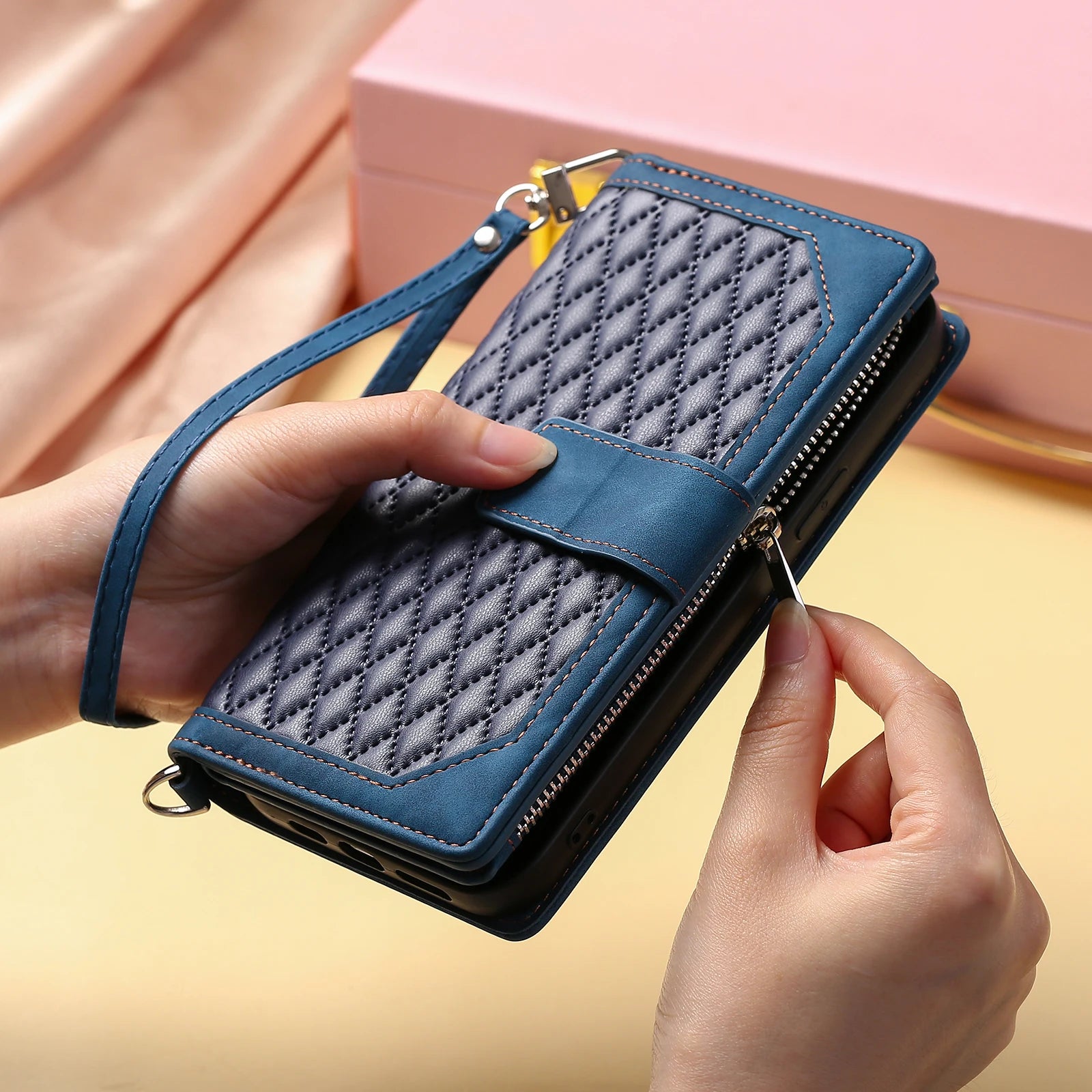 Rhombic Flap Wristlet Wallet Leather Case for Samsung