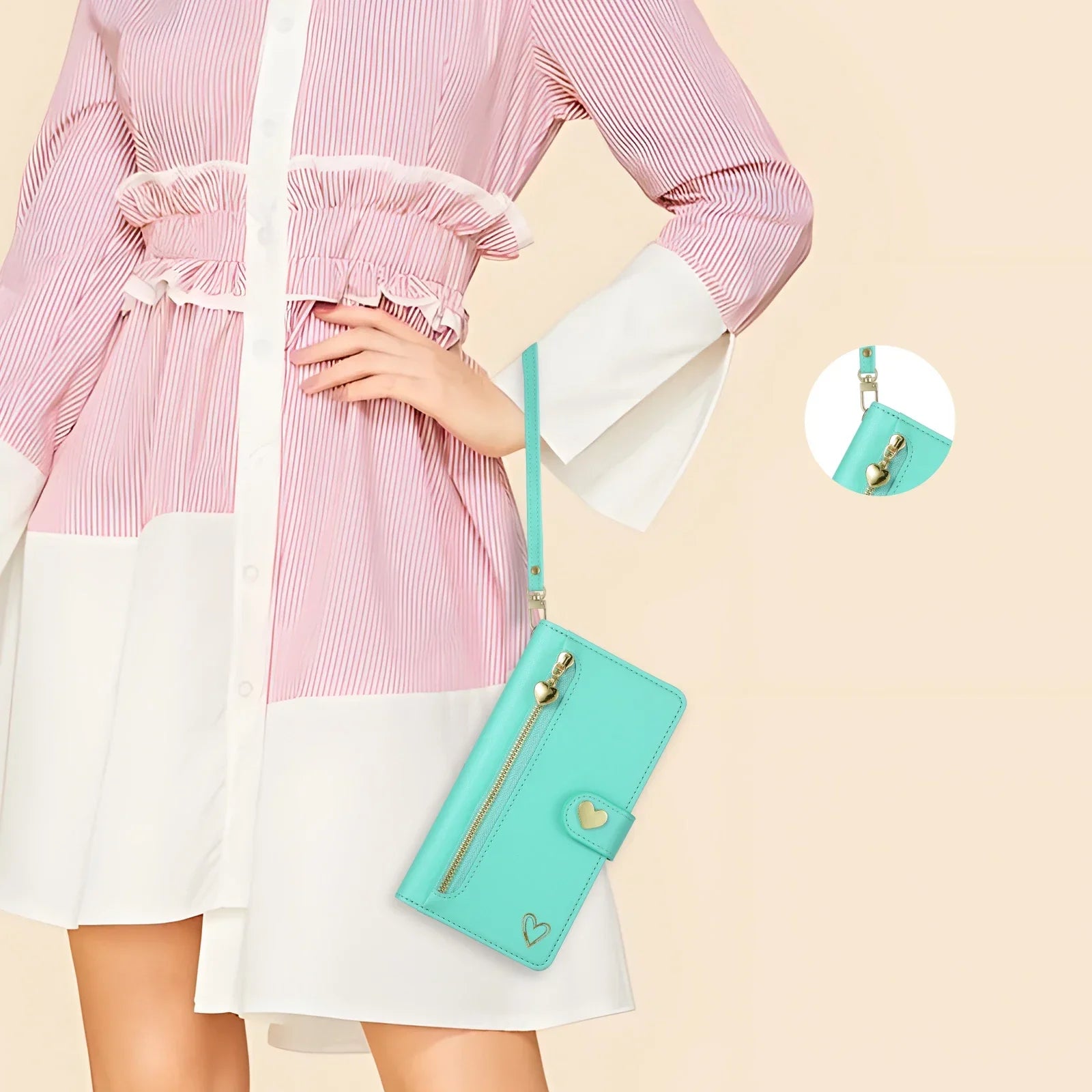 Gold Hot Stamping Love Zipper Card Wallet Case For iPhone