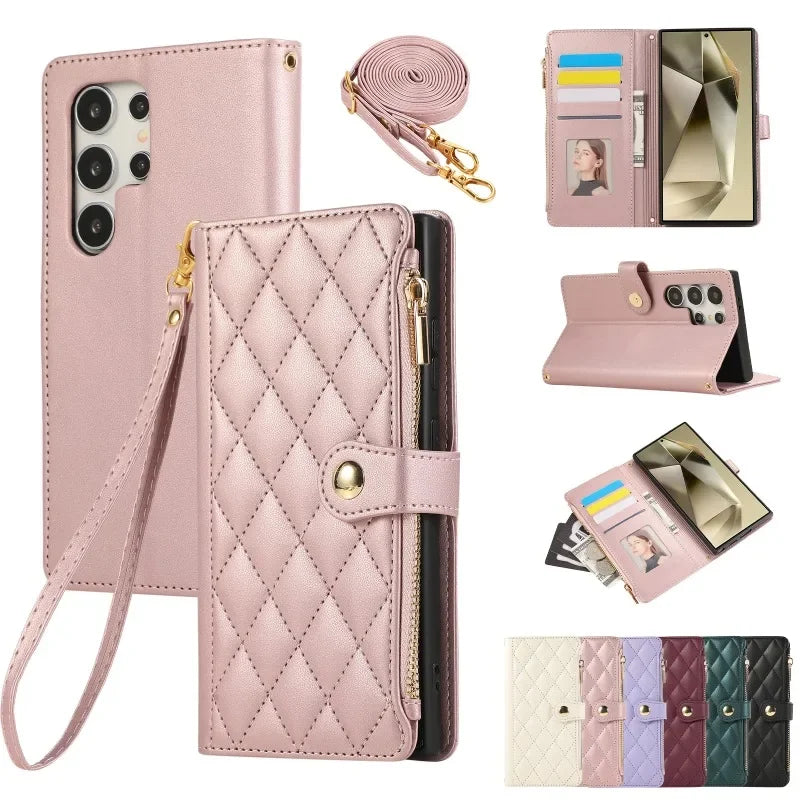Crossbody Wrist Strap Leather Phone Case For Samsung