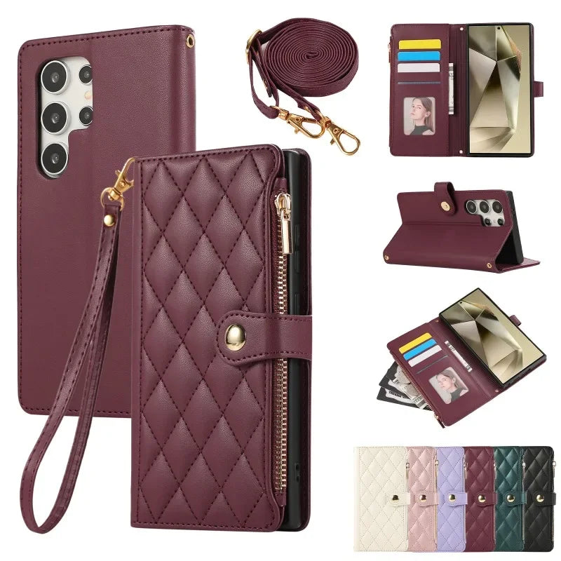 Crossbody Wrist Strap Leather Phone Case For Samsung