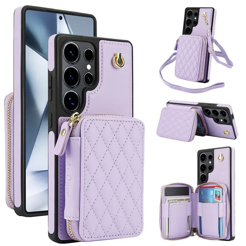 Long Lanyard Zipper Wallet Leather Case For Samsung