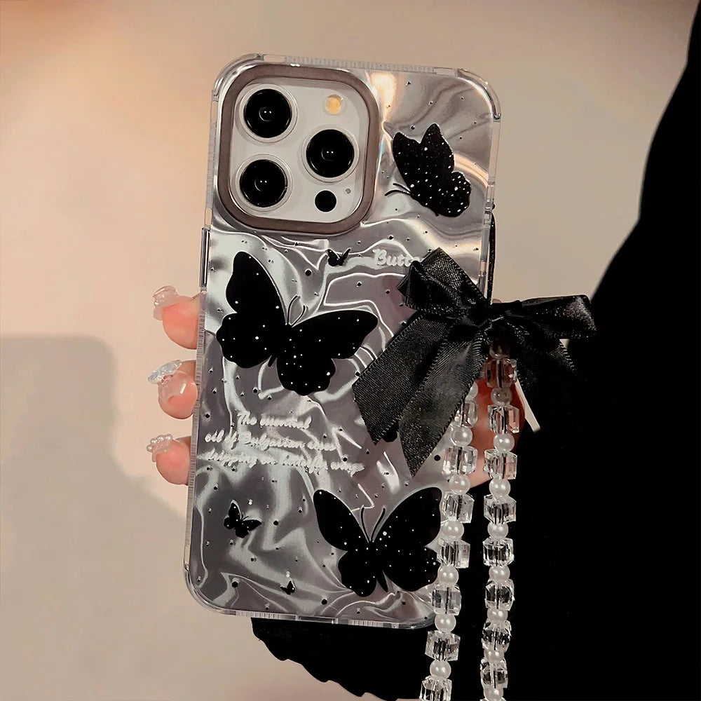 Luxury Black Butterfly Case With Bowknot Lanyard For iPhone