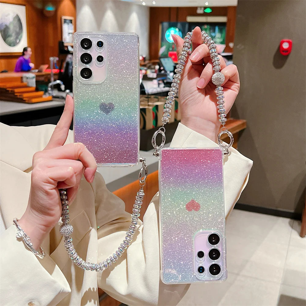 Gradient Glitter Love Heart Wrist Chain Case for Samsung