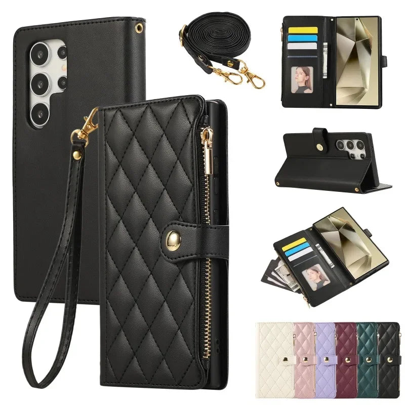 Crossbody Wrist Strap Leather Phone Case For Samsung