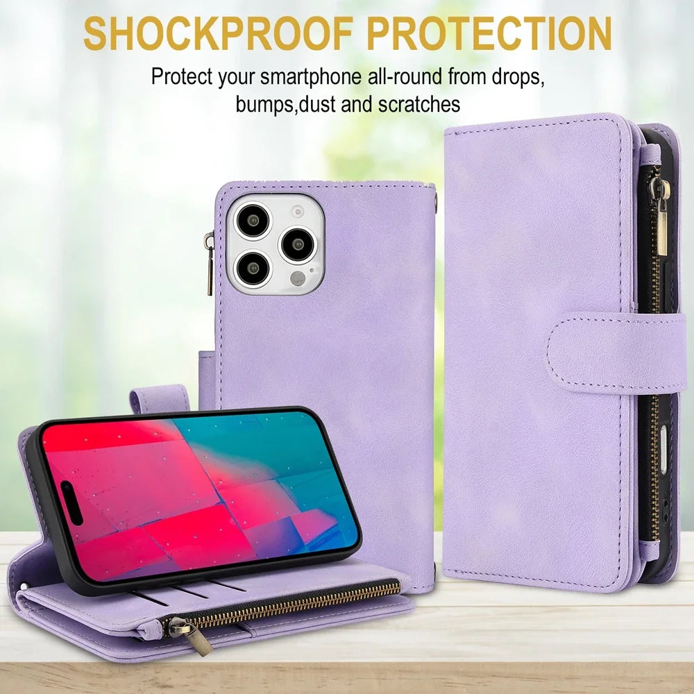 Leather wallet-style phone case with crossbody wrist strap for iPhone