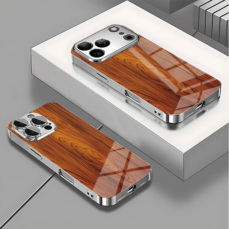 Solid Wood Texture Pattern Glass Electroplate Case For iPhone