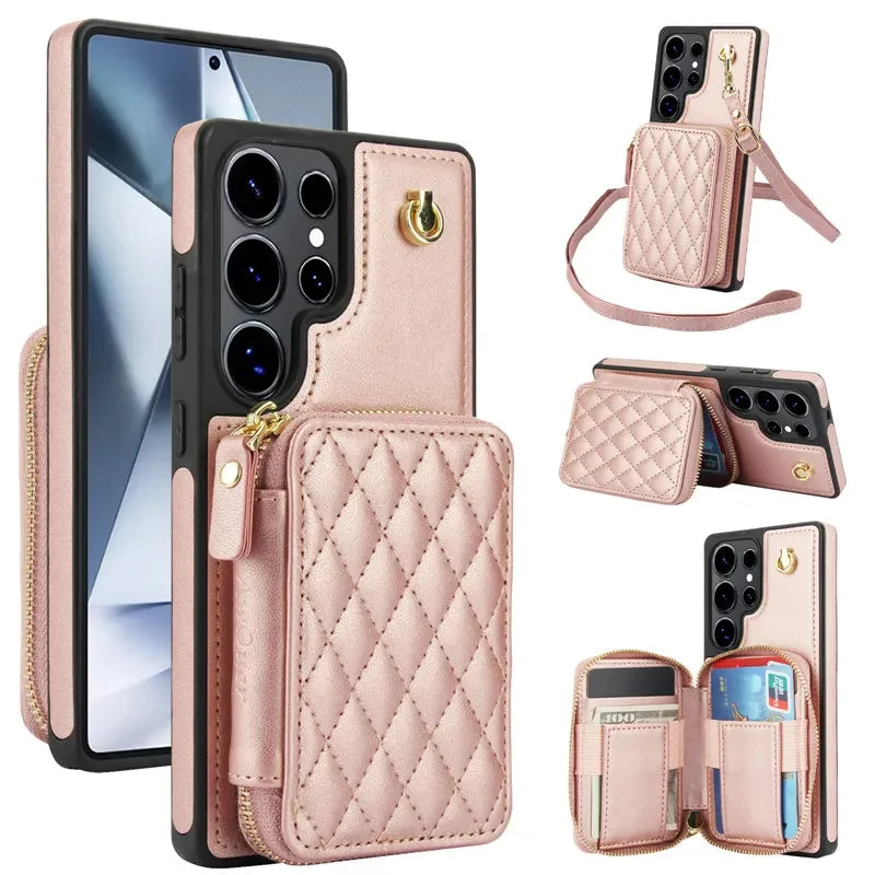 Long Lanyard Zipper Wallet Leather Case For Samsung