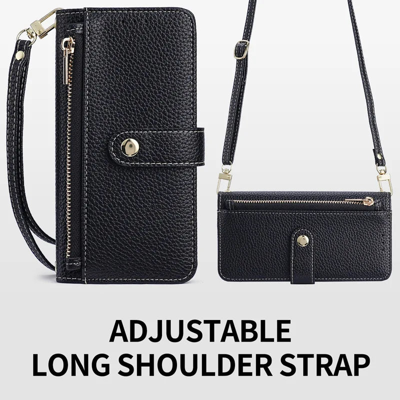 Zipper Flap Crossbody Leather Wallet Case for iPhone