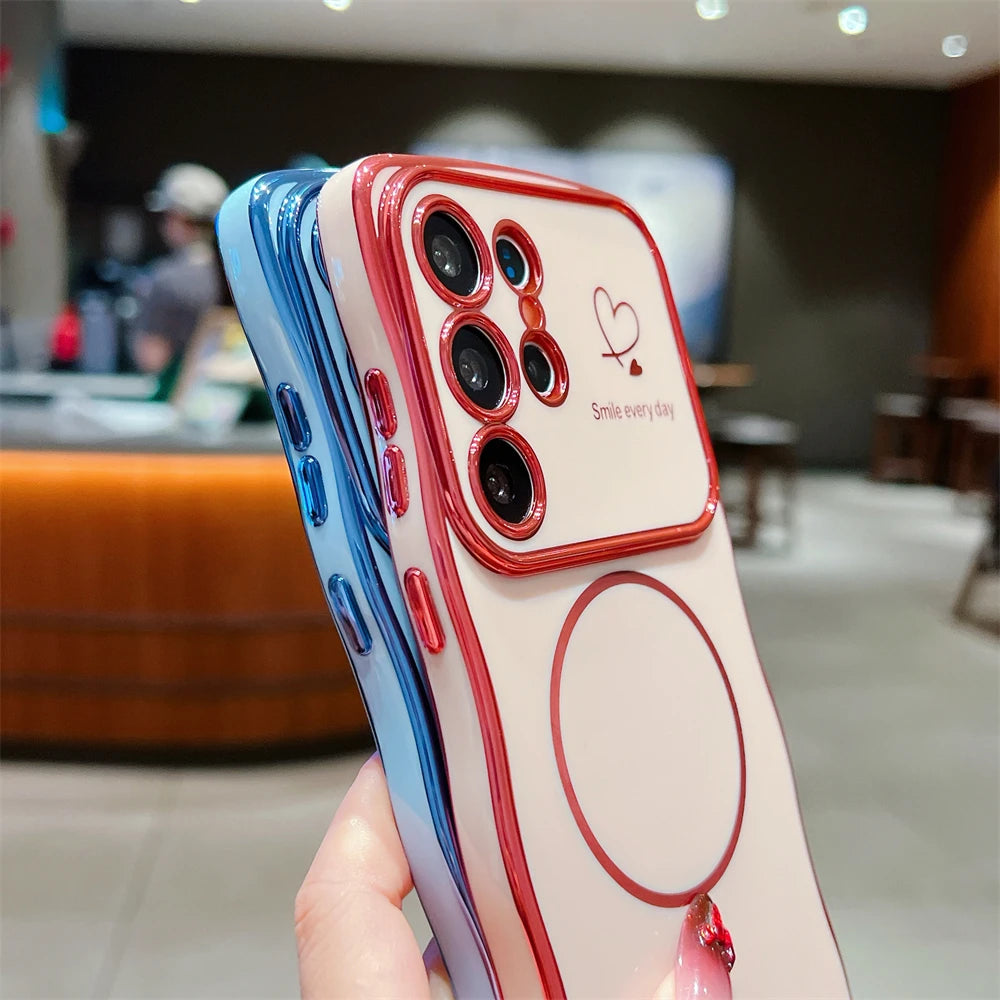 Love Heart Wavy Plating Magnetic Case For Samsung