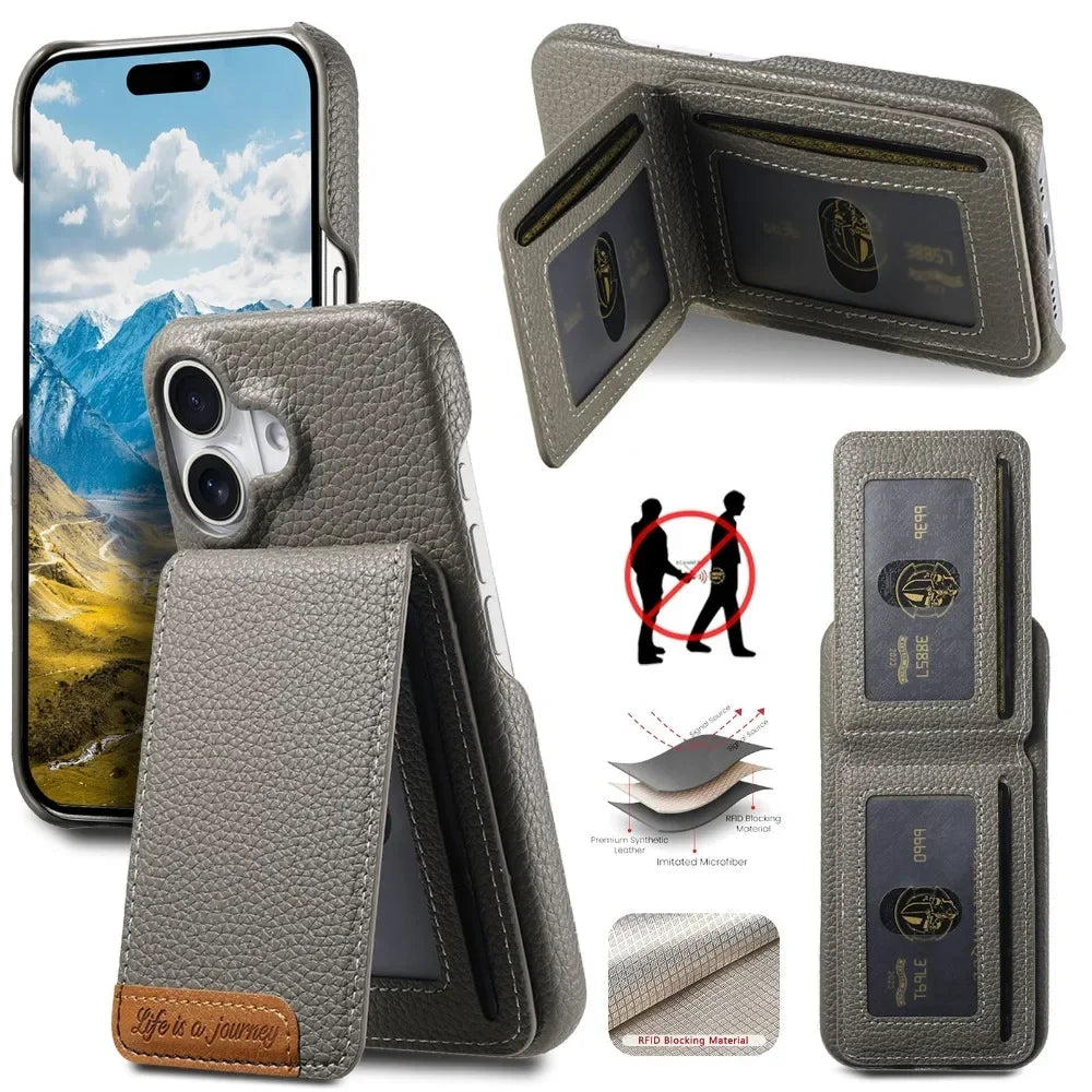 RFID Leather Wallet Card Holder Bracket Case for IPhone
