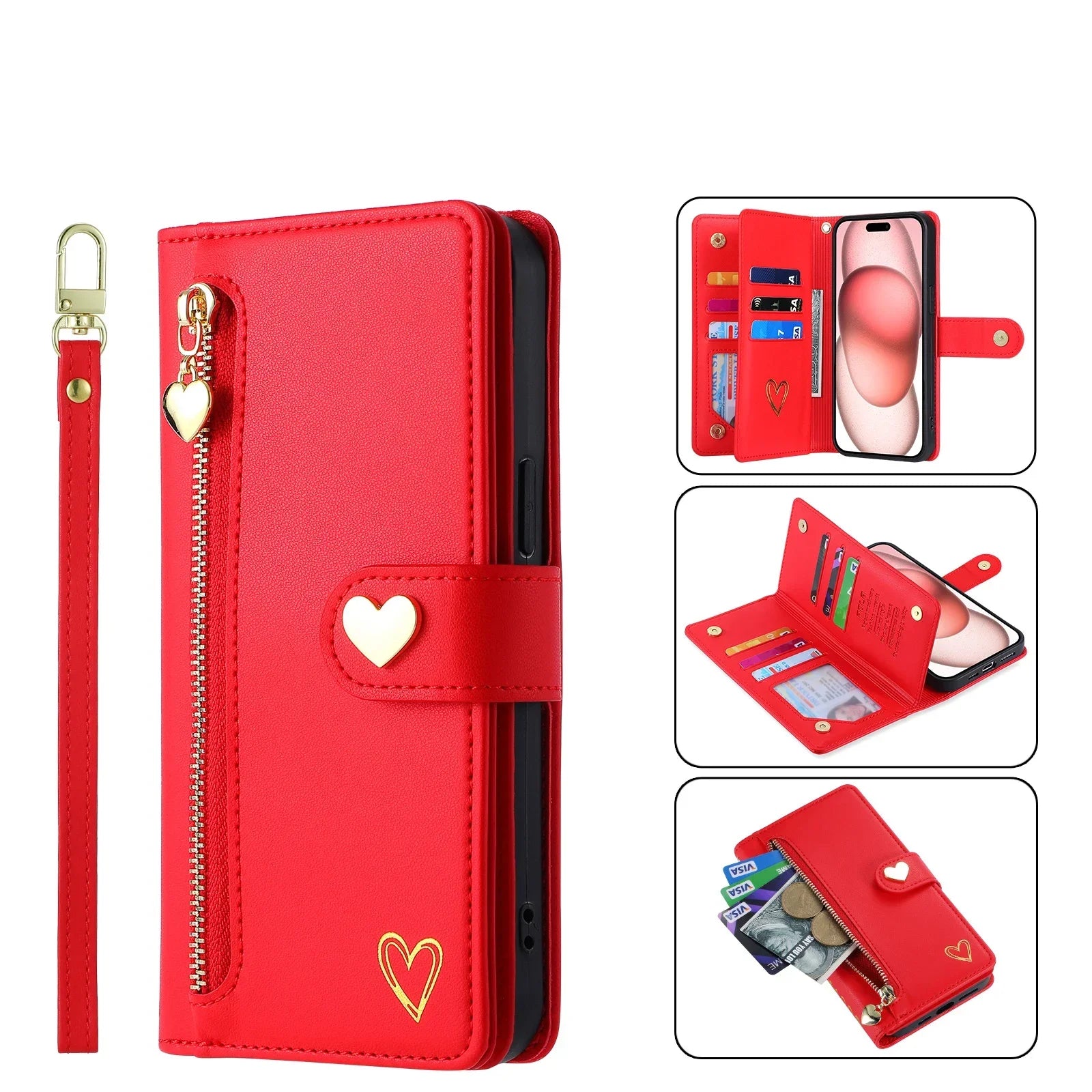Gold Hot Stamping Love Zipper Card Wallet Case For iPhone