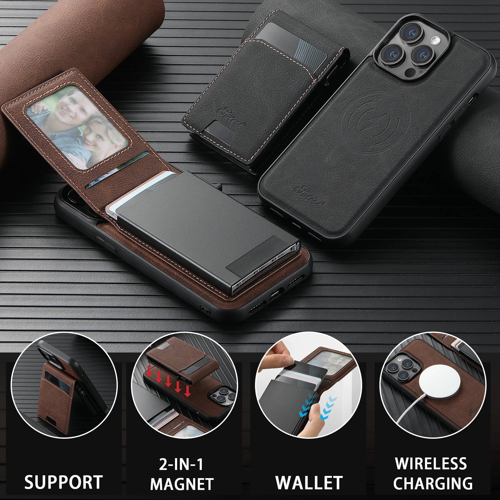 Wireless Charging  Leather Magnetic Wallet  Case For iPhone