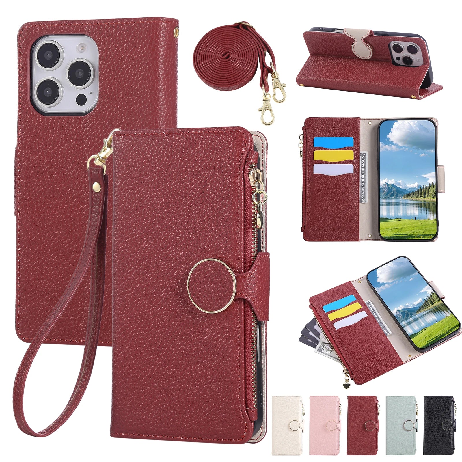 Crossbody Zipper Cards Solt Leather Wallet Case For iPhone