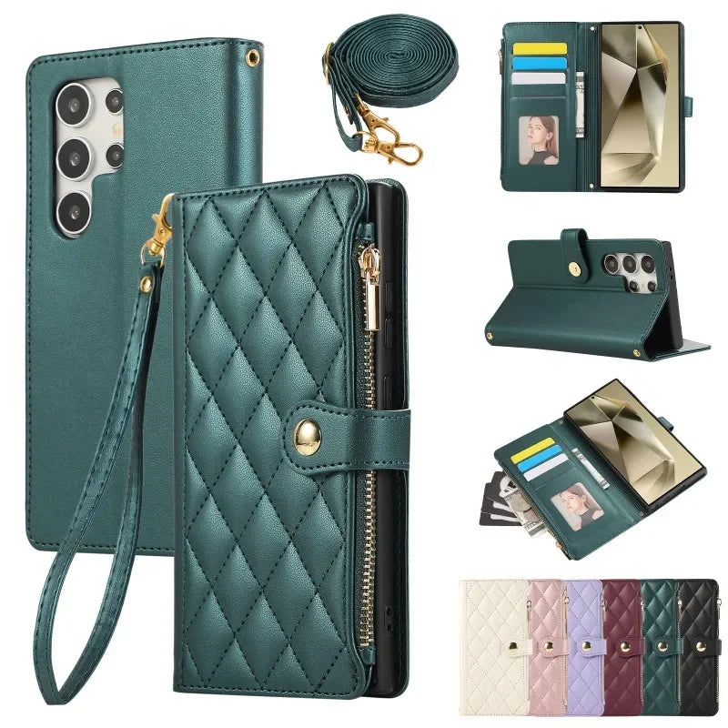 Crossbody Wrist Strap Leather Phone Case For Samsung