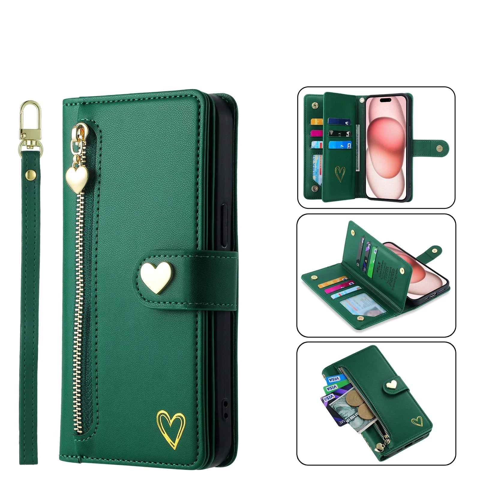 Gold Hot Stamping Love Zipper Card Wallet Case For iPhone
