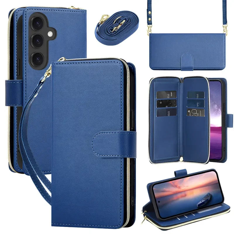 Long Lanyard Flip Zipper Wallet Multi Card Leather Case for Samsung