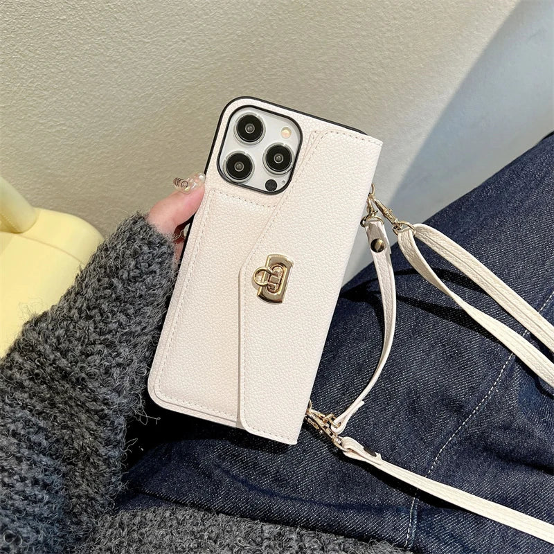 Shoulder Strap Card Pocket Wallet Leather Case for iPhone