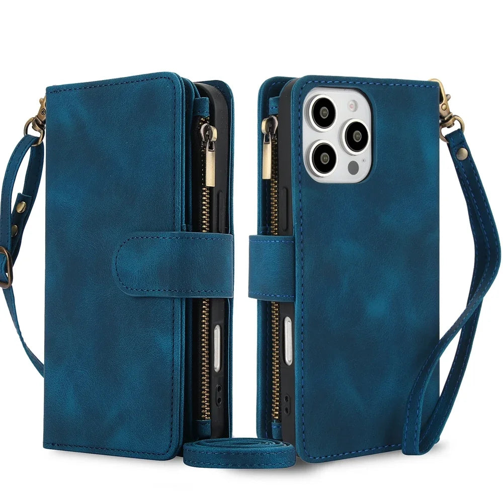 Leather wallet-style phone case with crossbody wrist strap for iPhone