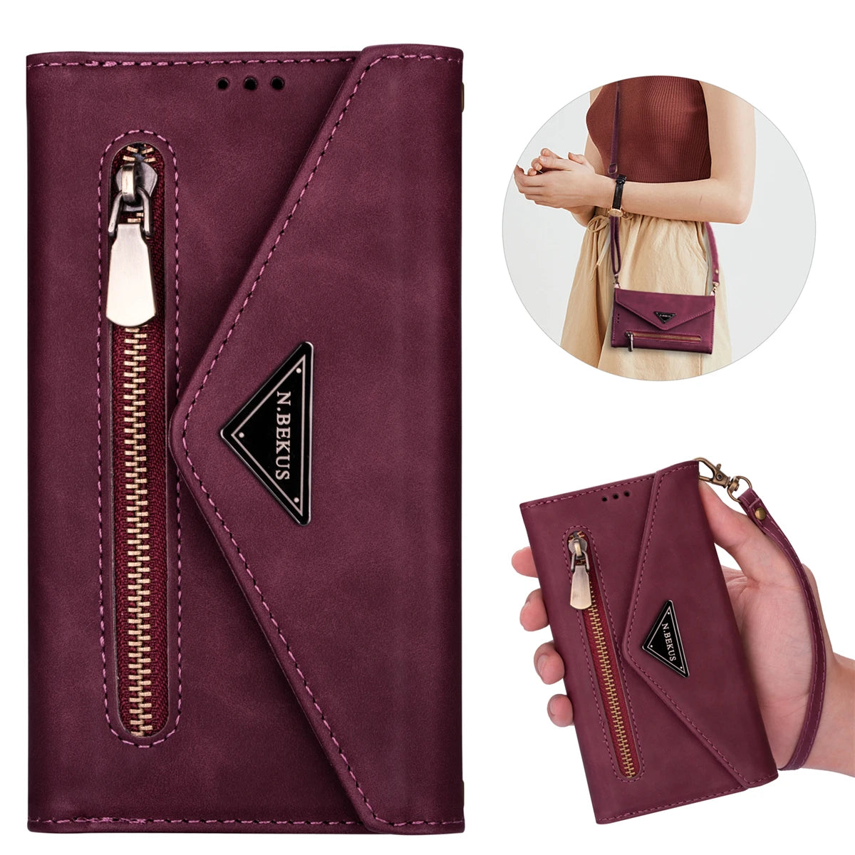 Multi-Card Slot Zipper Lanyard Wallet Case For iPhone