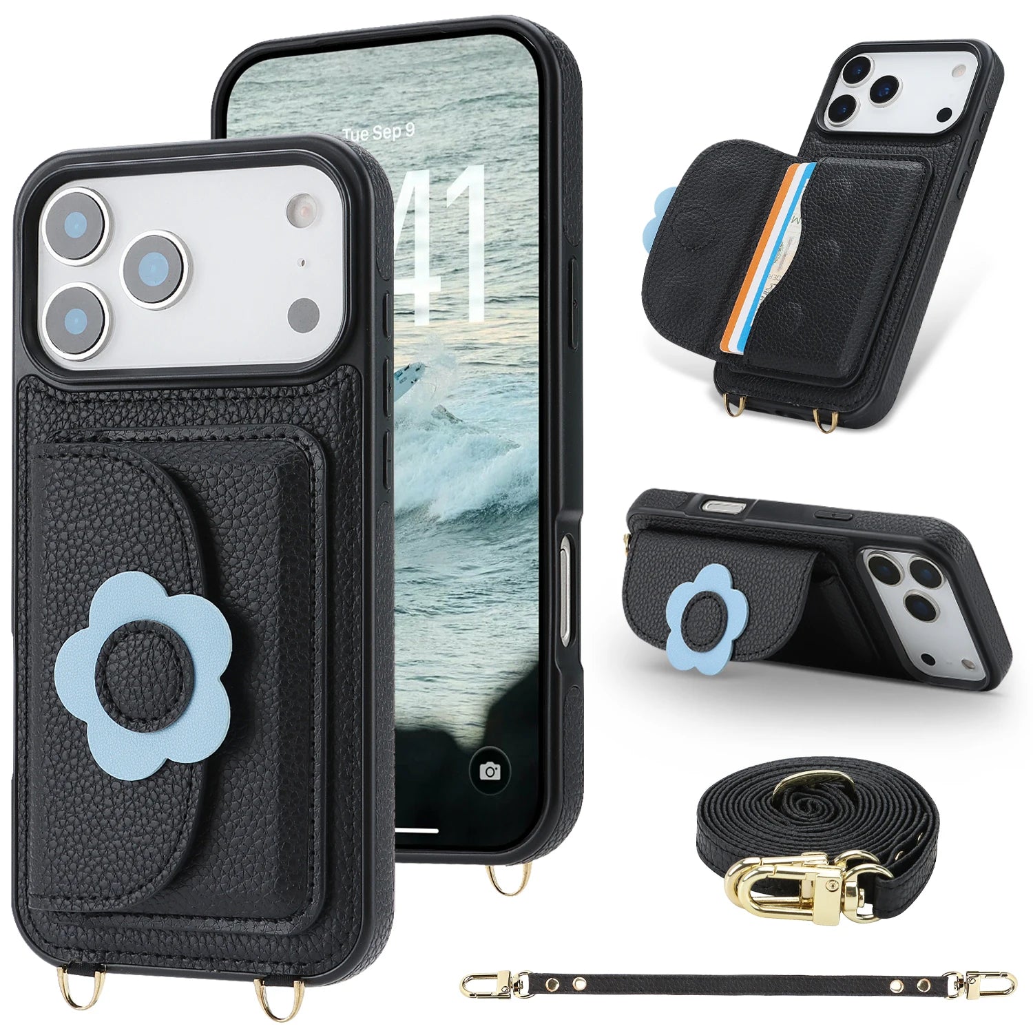Cards Cash Slots Crossbody Leather Wallet Stand Case For iPhone