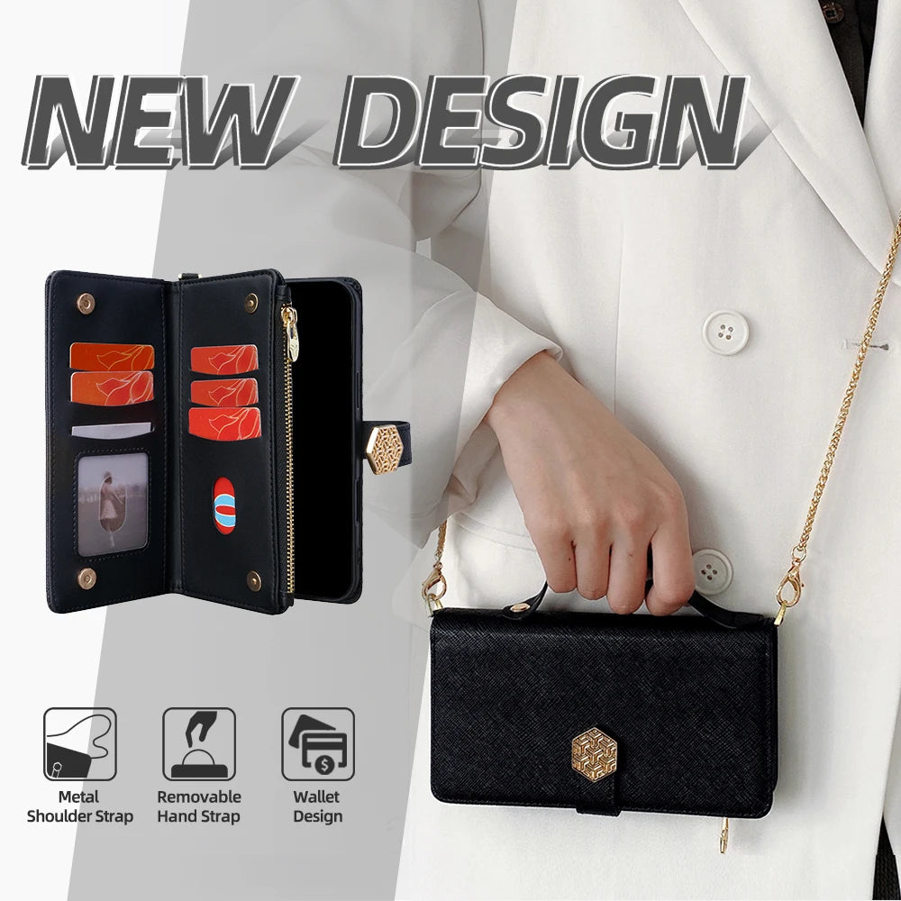 Fashion Flip Card Slots Leather Wallet Case for Samsung With Metal Strap