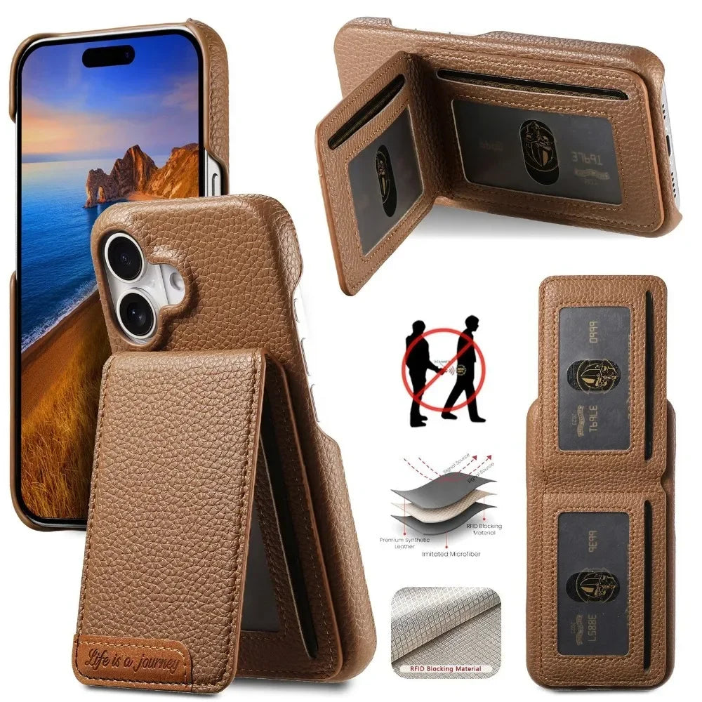 RFID Leather Wallet Card Holder Bracket Case for IPhone