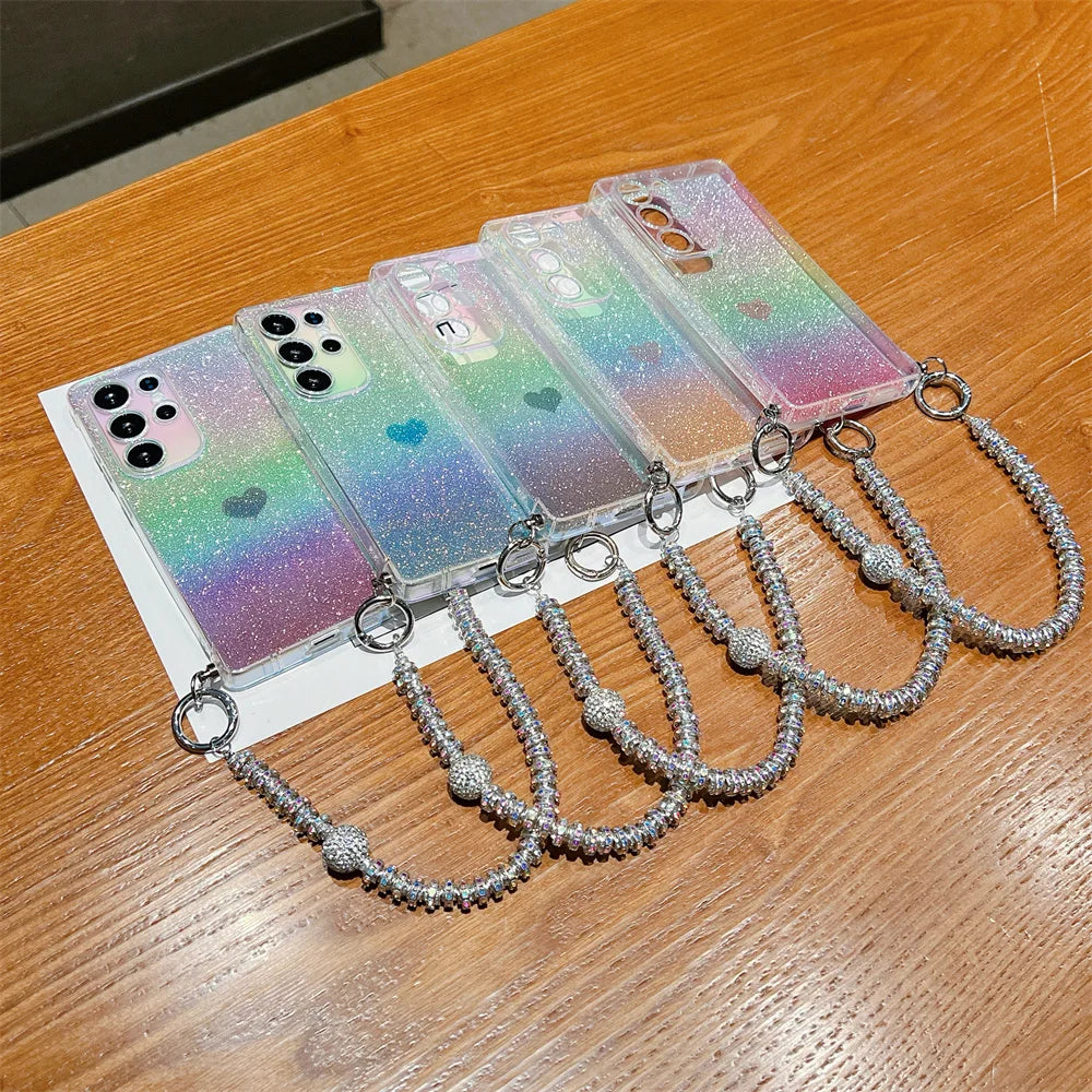 Gradient Glitter Love Heart Wrist Chain Case for Samsung