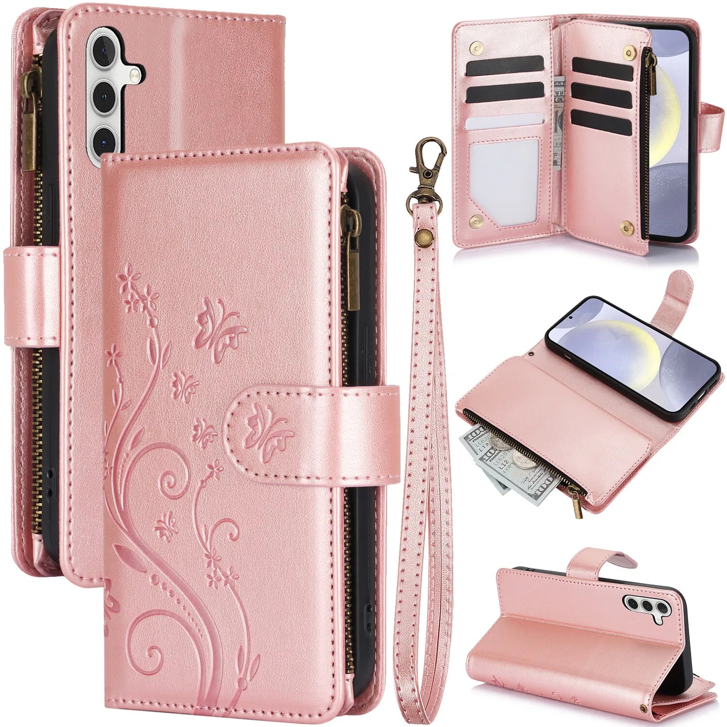 Card Slots Stand Flip Zipper Leather Wallet Phone Case For Samsung