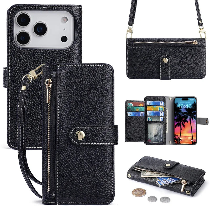 Zipper Flap Crossbody Leather Wallet Case for iPhone