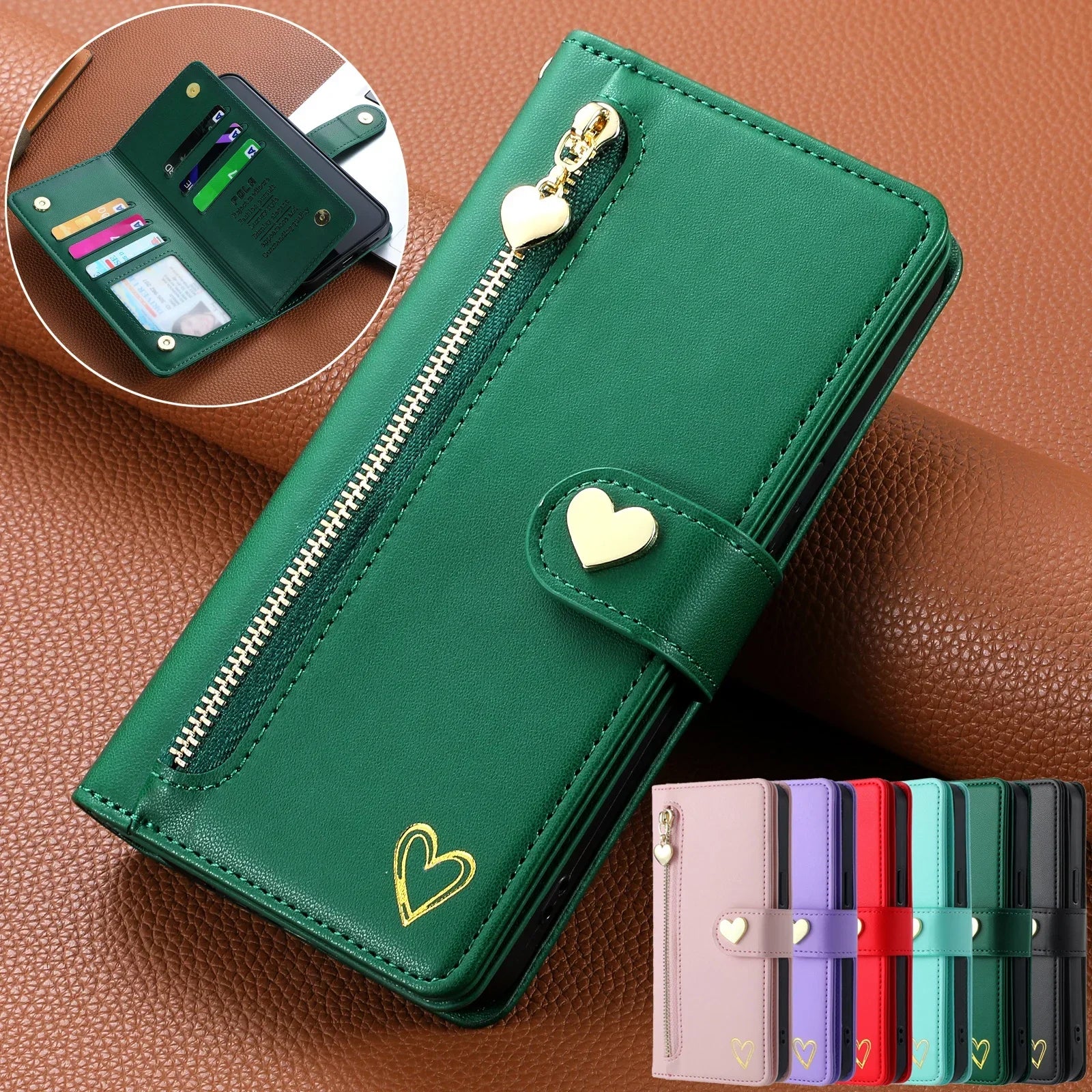 Gold Hot Stamping Love Zipper Card Wallet Case For Samsung