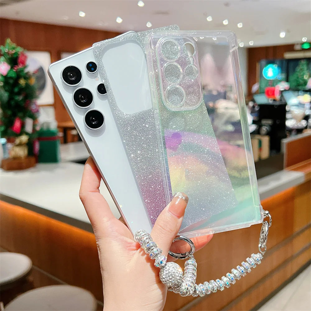 Gradient Glitter Love Heart Wrist Chain Case for Samsung