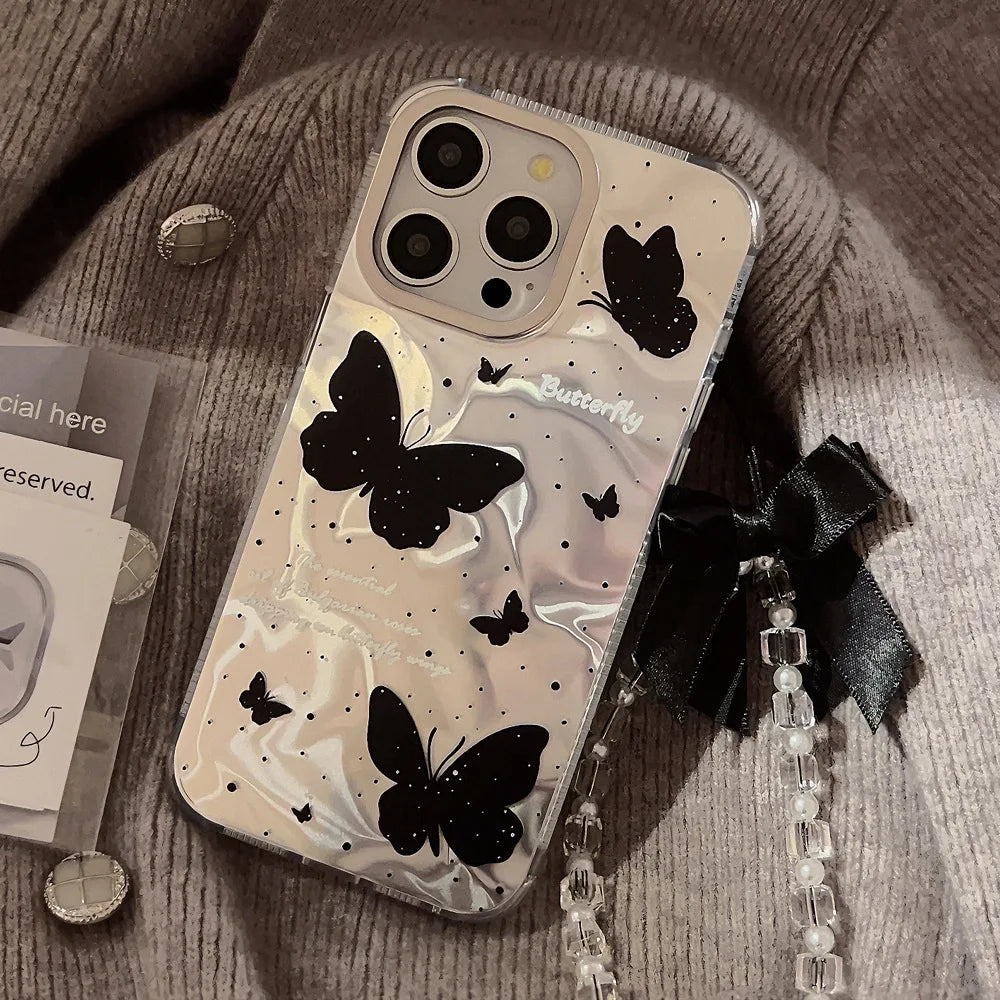 Luxury Black Butterfly Case With Bowknot Lanyard For iPhone