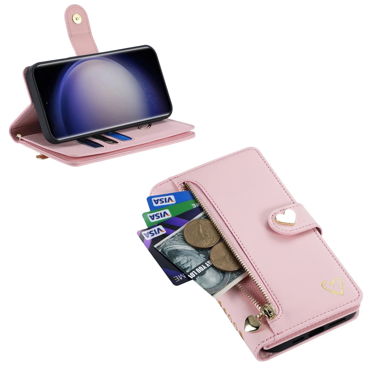 Gold Hot Stamping Love Zipper Card Wallet Case For Samsung