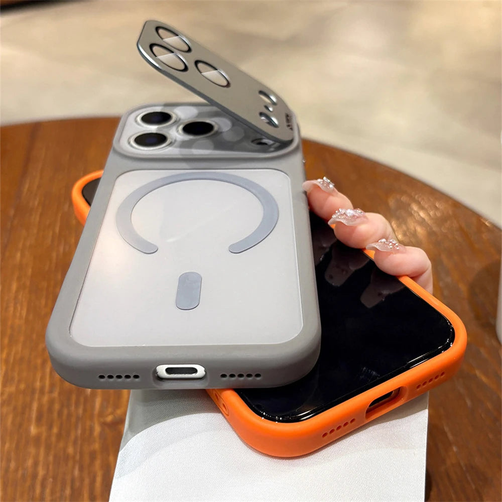 Folding Metal Camera Bracket Protect  Magnetic Case for iPhone
